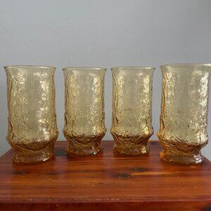4 Vintage Amber Anchor Hocking Rainflower Rain Flower Tumbler Drinking Glasses